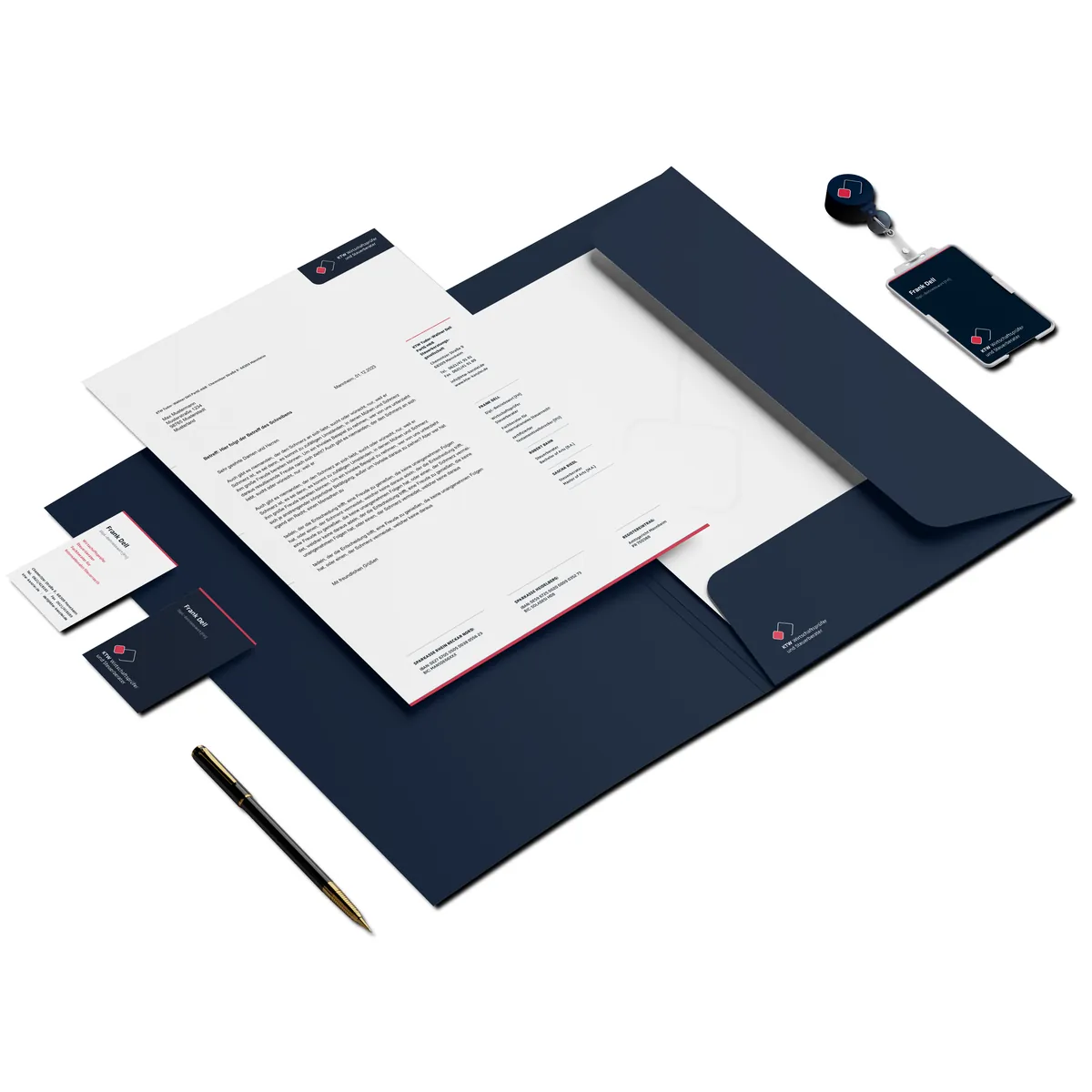 Geschäftsausstattung im Corporate Design von KTW Wirtschaftsprüfer und Steuerberater: Briefbogen, Mappe, Visitenkarten und Ausweis