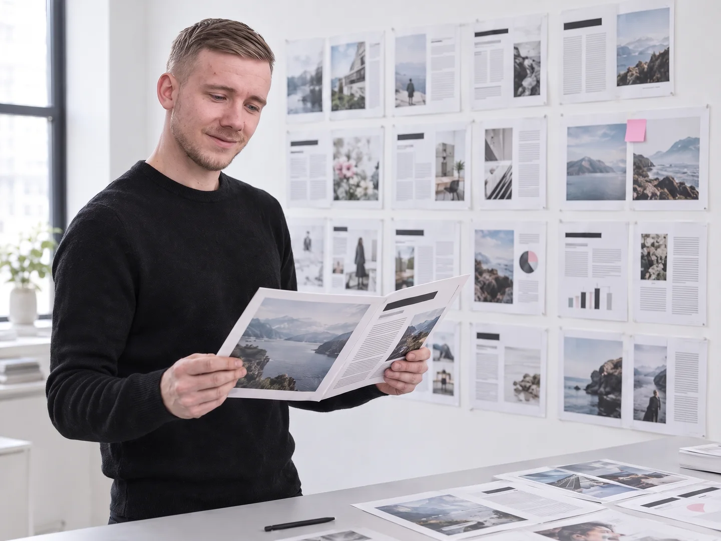 Philipp Ludwig von Büro Blanko prüft eine gedruckte Magazin-Doppelseite vor einer Wand mit dem Seitenplan